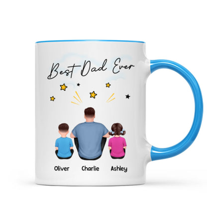 Happy Father's Day To Our Hero Back View Sitting Dad Kids Dog Cat Personalized Mug