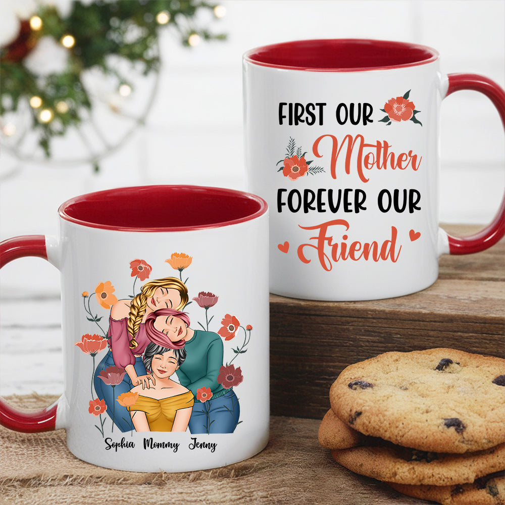 Personalized Gift for Mother or Daughter Ceramic Mug Featuring Hugging Scene with 'First Our Mother, Forever Our Friend'
