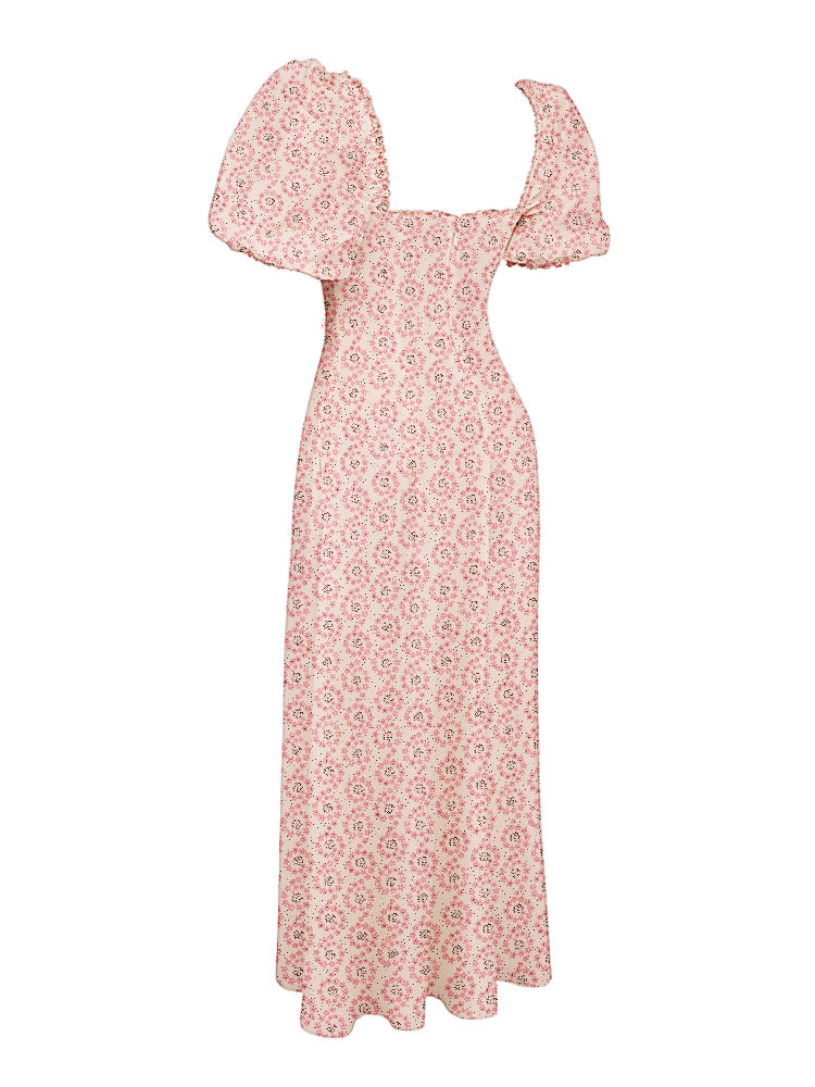 Floral Print Square Neckline Puff Sleeves Maxi Dress