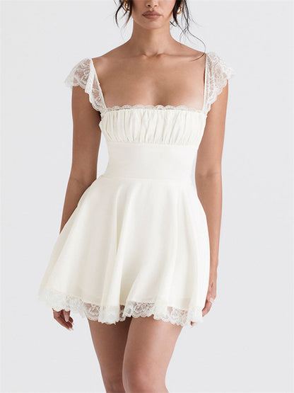 Lace Cap Sleeves Empire Waist Mini Dress