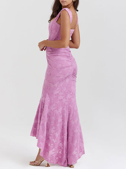 Rose Pink Floral Corset Ruffle Ruched Maxi Dress