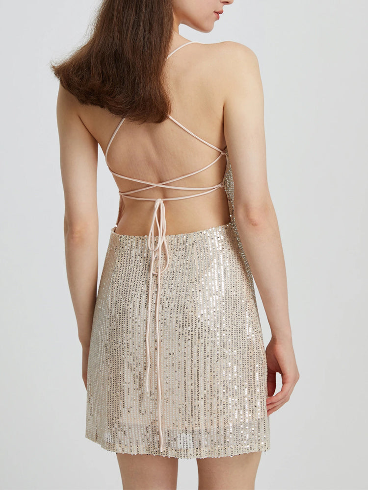 Sequin Lace-up Back Bodycon Mini Dress