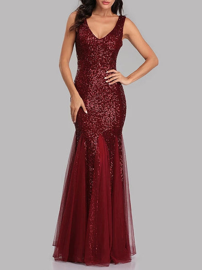 Sequin Tulle V-Neck Mermaid Floor Length Prom Dresses