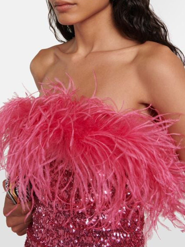 Deeppink Feather Trim Sequin Strapless Mini Dress
