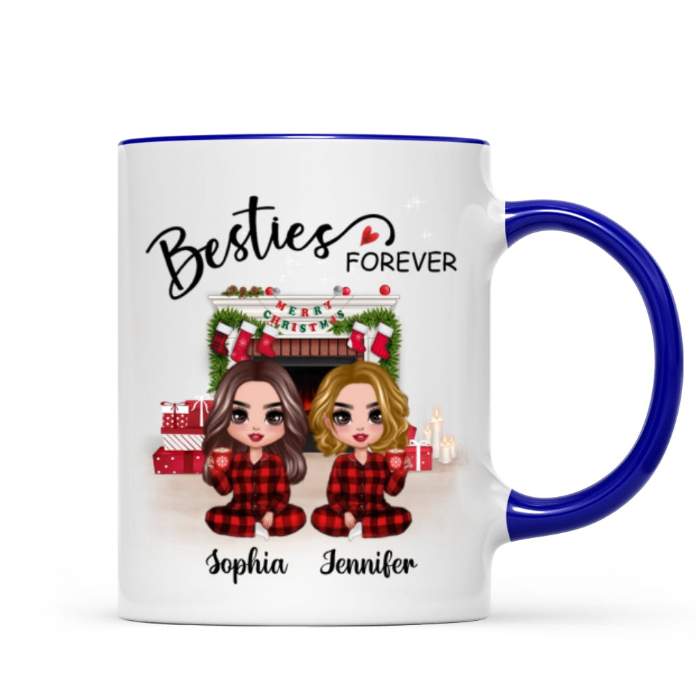Christmas Pajamas Doll Besties Sisters Sitting At Fireplace Personalized Mug