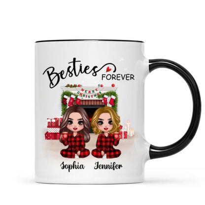 Christmas Pajamas Doll Besties Sisters Sitting At Fireplace Personalized Mug