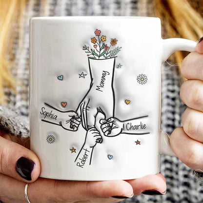 Gift For Mom Kids Holding Mom's Hand 3D Inflated Effect Personalized Mug
