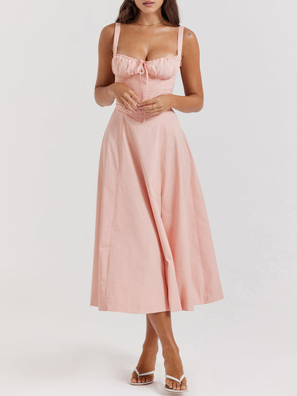 High Waist Back Lace Up Side Slit Midi Dress