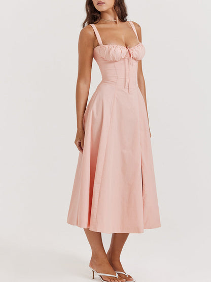 High Waist Back Lace Up Side Slit Midi Dress