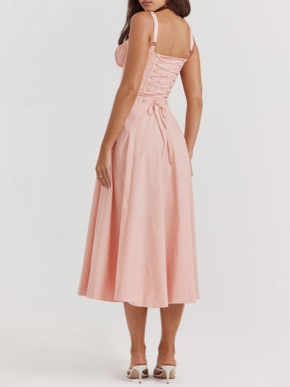 High Waist Back Lace Up Side Slit Midi Dress
