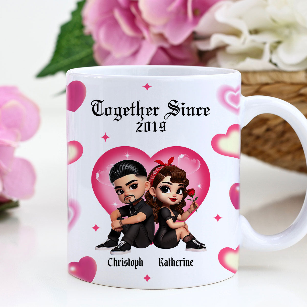 Pretty Couple Roses Heart Together Since Personalized AOP Mug, Gift, Anniversary Gift for Couples