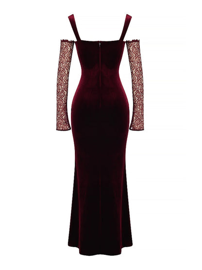 Black Cherry Velvet Lace Long Sleeve Maxi Dress
