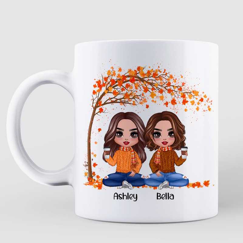 Fall Season Under Tree Doll Besties Best Friends Personalized Mug