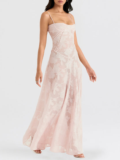 Elegant Thin Straps Floral Lace Maxi Dress