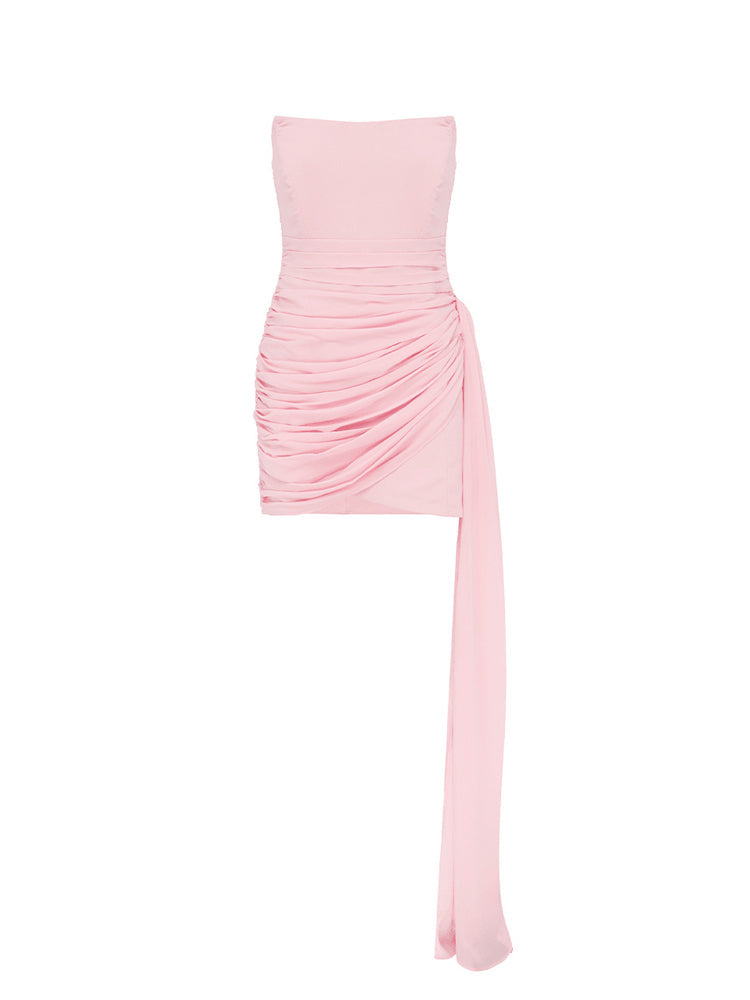 Strapless Scooped Neck Ruched Drape Mini Dress
