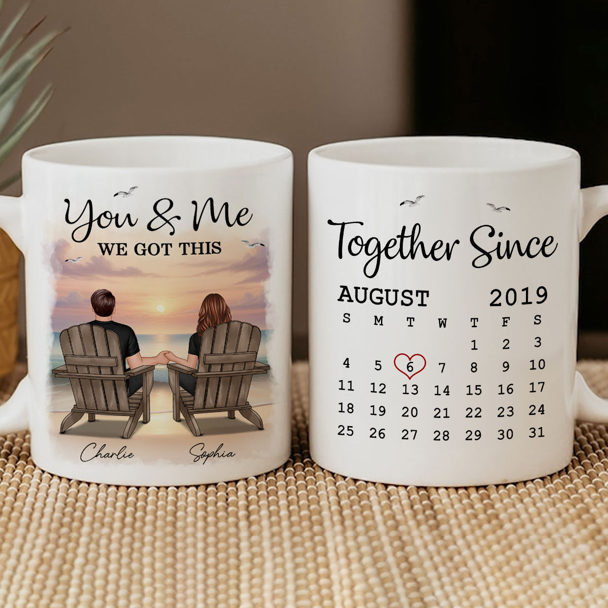Eternal Sunset Beach Couple Back View Anniversary Calendar Personalized Mug, Gift, Anniversary Gift For Him, For Her