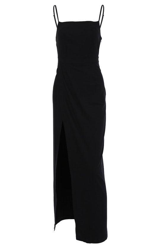 Chic Square Neck High Slit Bodycon Sleeveless Formal Maxi Dress - Black