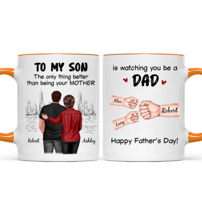 From Mom Dad To Son Watching You Be A Dad Fist Bump Personalized Mug, Gift For Son