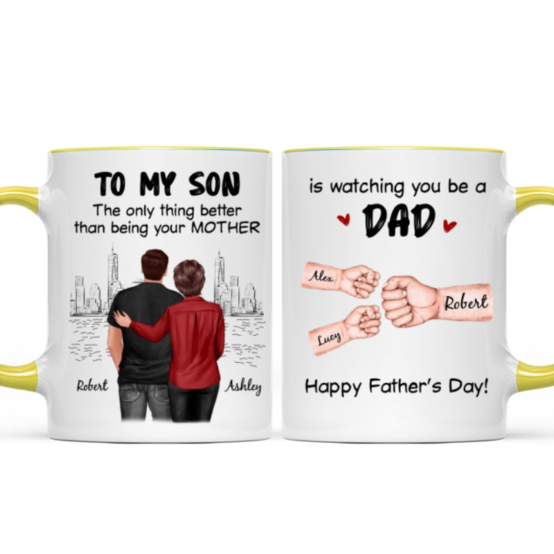 From Mom Dad To Son Watching You Be A Dad Fist Bump Personalized Mug, Gift For Son