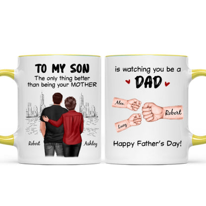 From Mom Dad To Son Watching You Be A Dad Fist Bump Personalized Mug, Gift For Son