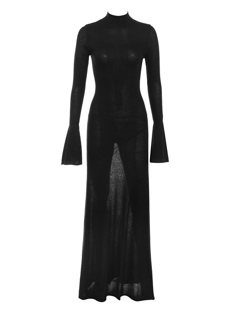 Black Knit Fluted Sleeves Backless Sheer Maxi Dress
