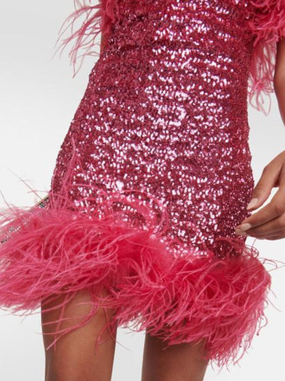 Deeppink Feather Trim Sequin Strapless Mini Dress