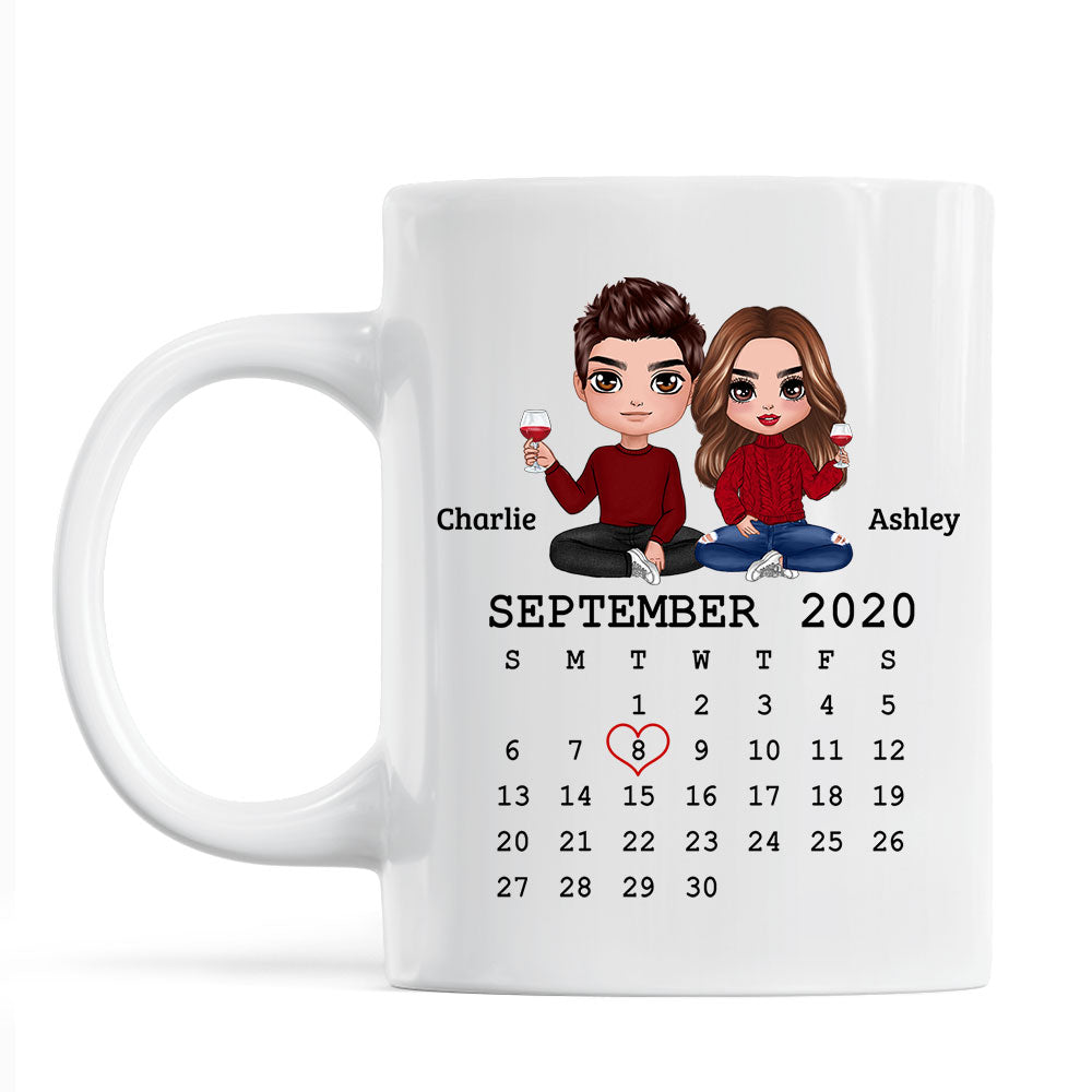 Doll Couple Sitting Calendar Anniversary Date Gift For Him For Her Personalized Mug