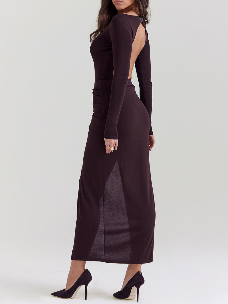 Knit Long Sleeve High Split Open Back Maxi Dress