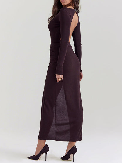 Knit Long Sleeve High Split Open Back Maxi Dress