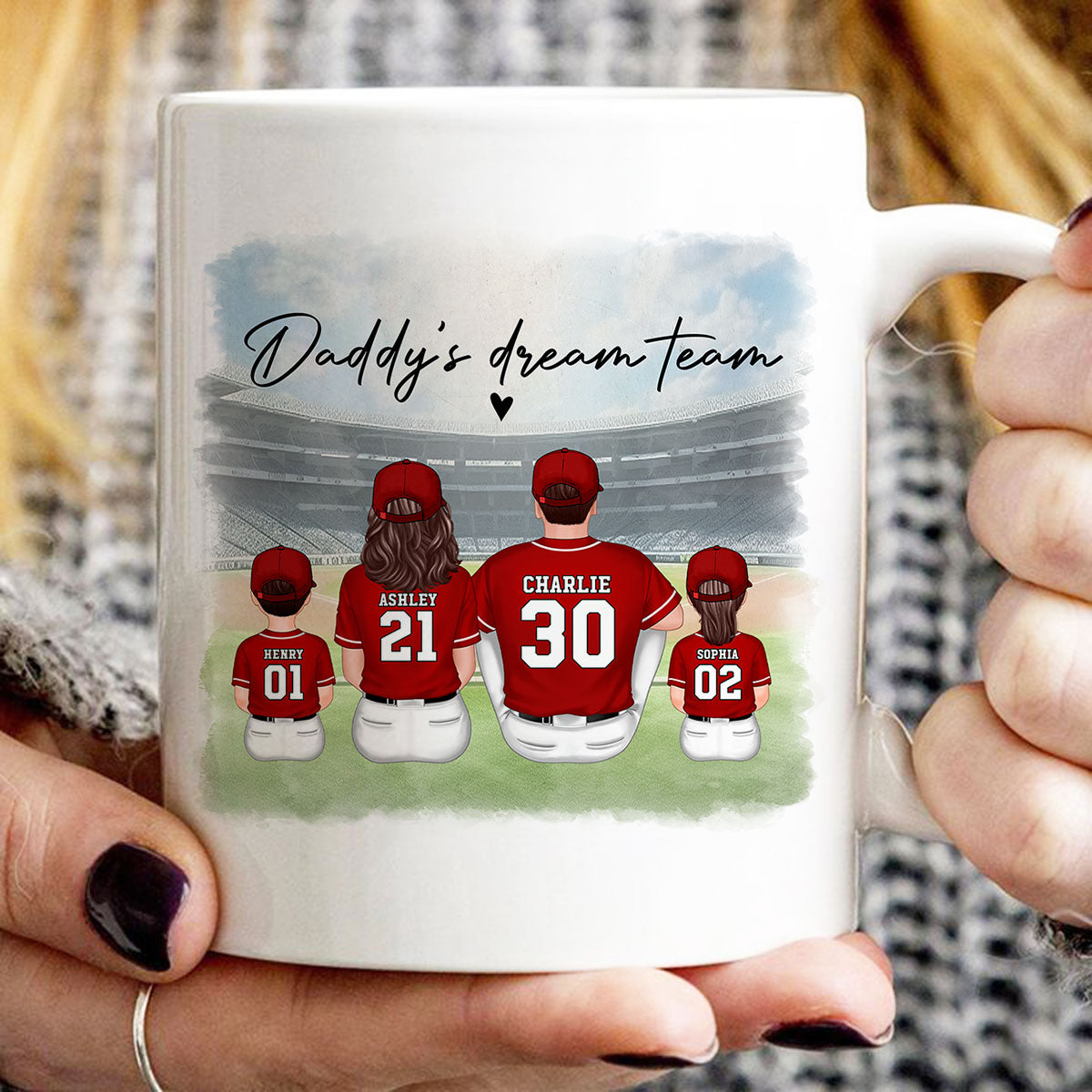 Daddy's Team Baseball Family Sitting Personalized Mug, Gift For Dad, Grandpa, Husband