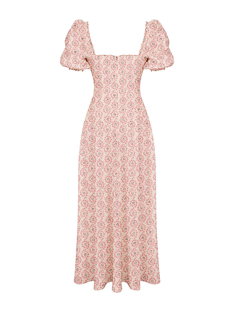 Floral Print Square Neckline Puff Sleeves Maxi Dress