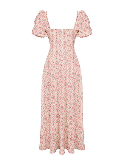 Floral Print Square Neckline Puff Sleeves Maxi Dress