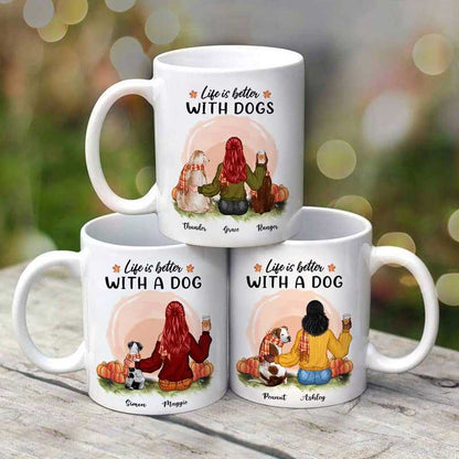 Girl And Dog Sitting In Pumpkin Patch Fall Season Personalized Mug