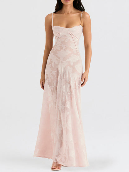 Elegant Thin Straps Floral Lace Maxi Dress