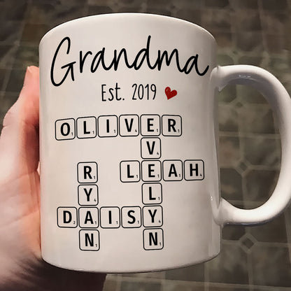 Grandma Mom Est. Crossword Puzzle Art Personalized Mug
