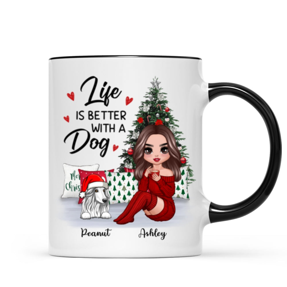Doll Dog Mom Sitting Beside Christmas Tree Personalized Mug