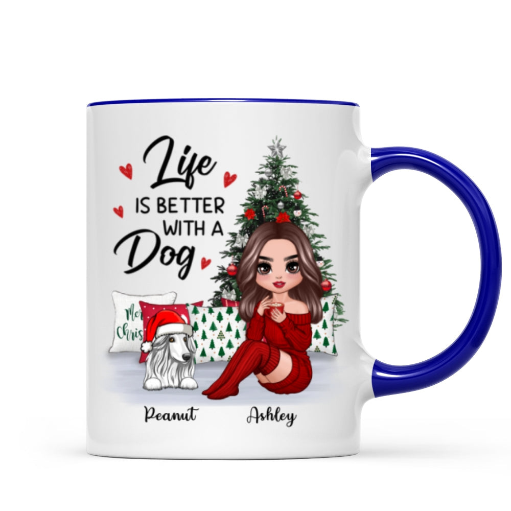 Doll Dog Mom Sitting Beside Christmas Tree Personalized Mug