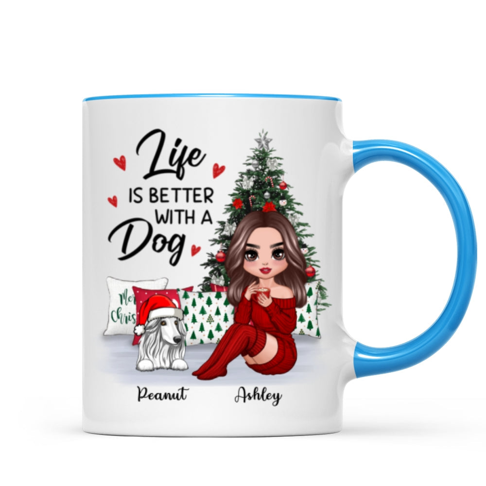 Doll Dog Mom Sitting Beside Christmas Tree Personalized Mug