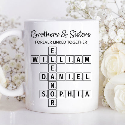 Brothers & Sisters Forever Linked Together Crossword Puzzle Art Personalized Mug, Gift For Brothers, Sisters, Siblings, Family