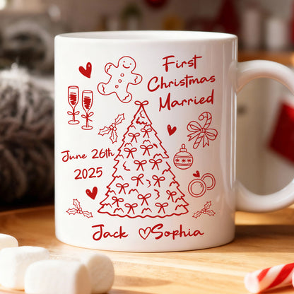 First Christmas Married Doodle Pattern - Personalized Mug - Christmas Gift For Him, For Her, For Couple