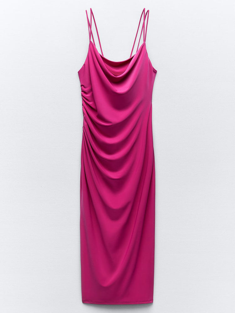 Deeppink Draped Neck Thin Double Straps Midi Dress
