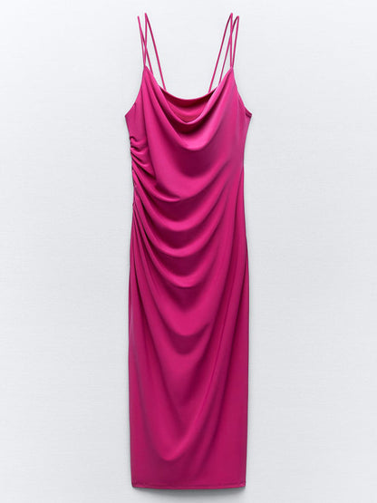 Deeppink Draped Neck Thin Double Straps Midi Dress