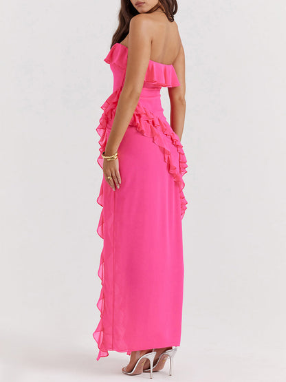 Fuchsia Strapless Ruffle Side Slit Maxi Dress