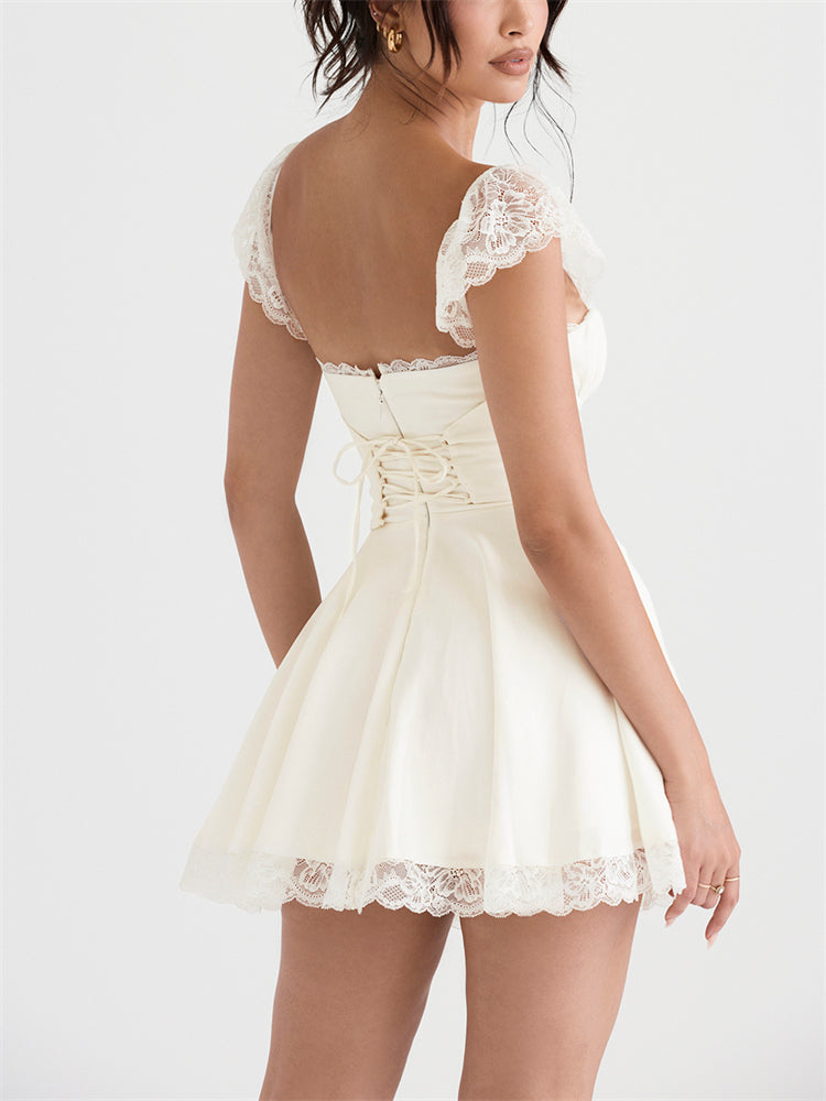 Lace Cap Sleeves Empire Waist Mini Dress