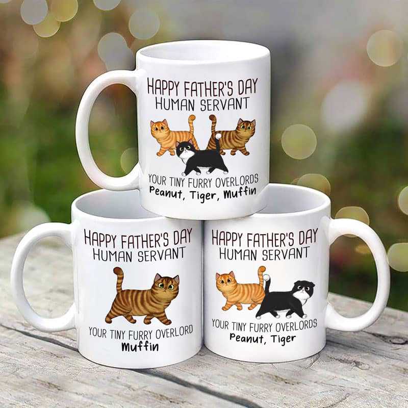 Happy Father's Day Human Servant Walking Fluffy Cats Gift For Cat Dad Personalized Mug