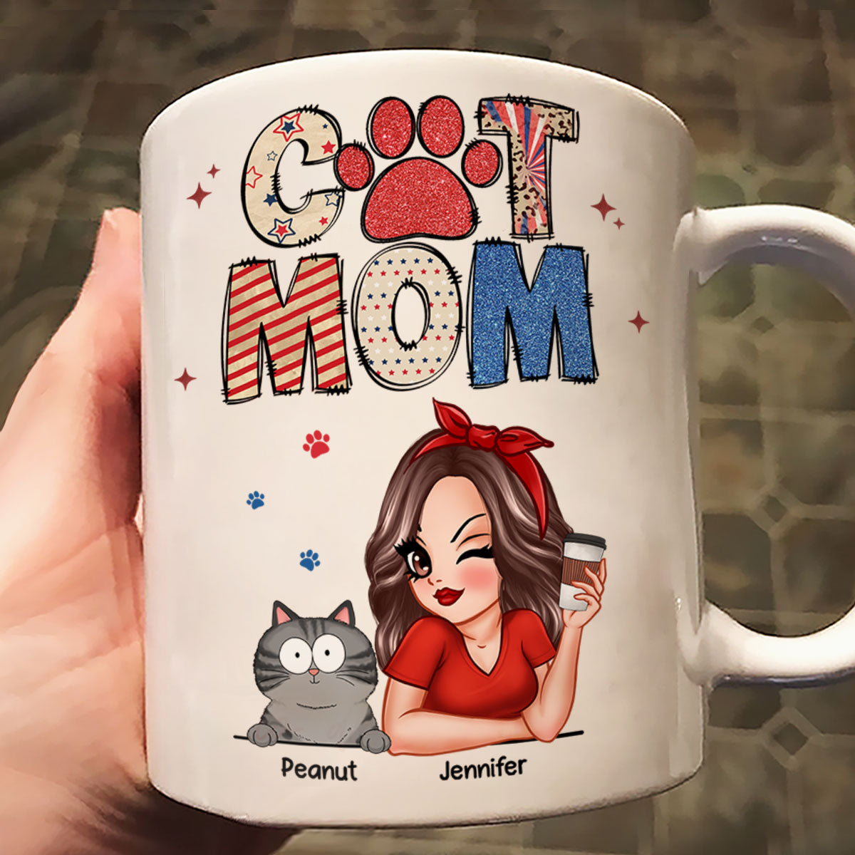 Cat Mom 4th of July America Sparkly Pattern Personalized Mug, Independence Day