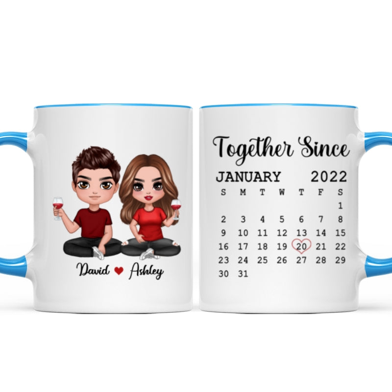 Doll Couple Sitting Anniversary Date Calendar Personalized Mug - Gift For Couple - Gift For Him - Gift For Her
