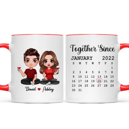 Doll Couple Sitting Anniversary Date Calendar Personalized Mug - Gift For Couple - Gift For Him - Gift For Her