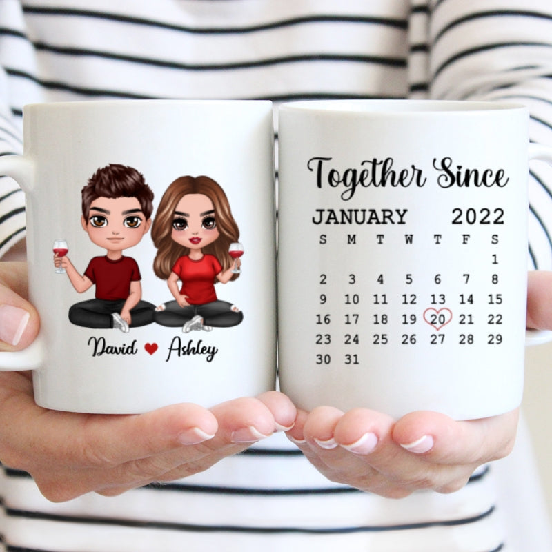 Doll Couple Sitting Anniversary Date Calendar Personalized Mug - Gift For Couple - Gift For Him - Gift For Her