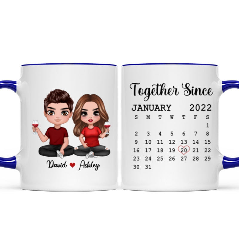 Doll Couple Sitting Anniversary Date Calendar Personalized Mug - Gift For Couple - Gift For Him - Gift For Her
